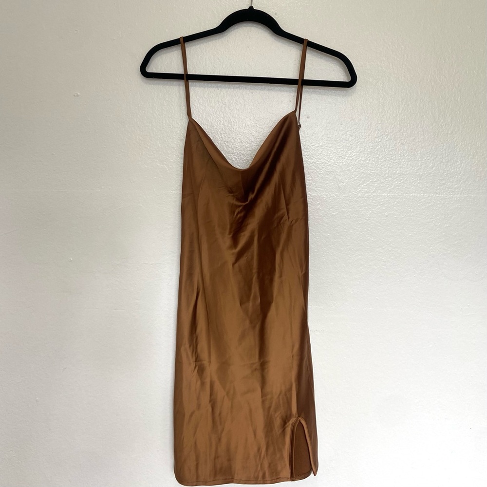 Brown Satin Cowl Neck Mini Dress 🤎